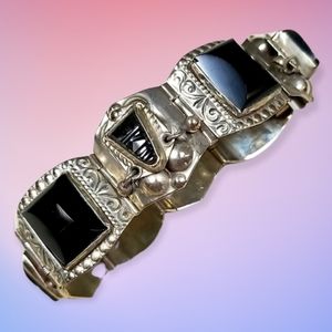 Vintage Taxco Mexico Stunning Alpaca Silver Onyx Bracelet